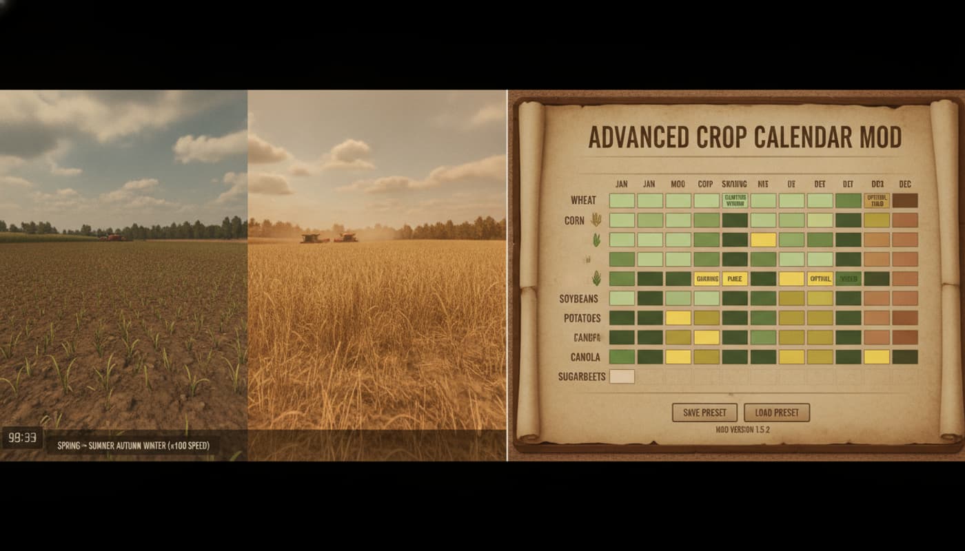 Écran partagé : à gauche, un cycle de croissance des cultures accéléré à travers les saisons ; à droite, un calendrier cultural détaillé, dans le style d'une vitrine de mod Farming Simulator, tons terreux chauds.