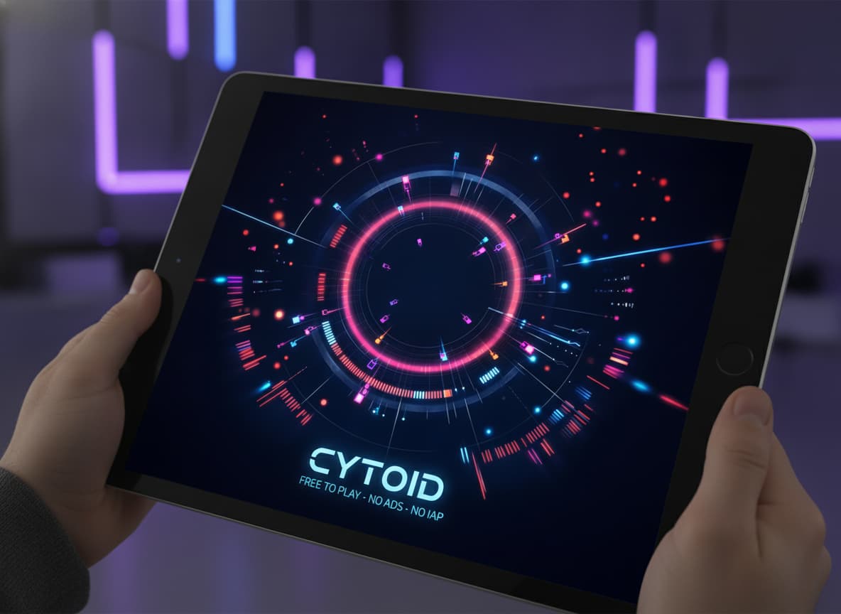 Un iPad affiche l'interface du jeu de rythme Cytoid, avec des notes néon colorées tombant sur un fond sombre, une piste communautaire sans publicité visible, photographié en style éditorial avec une faible profondeur de champ.