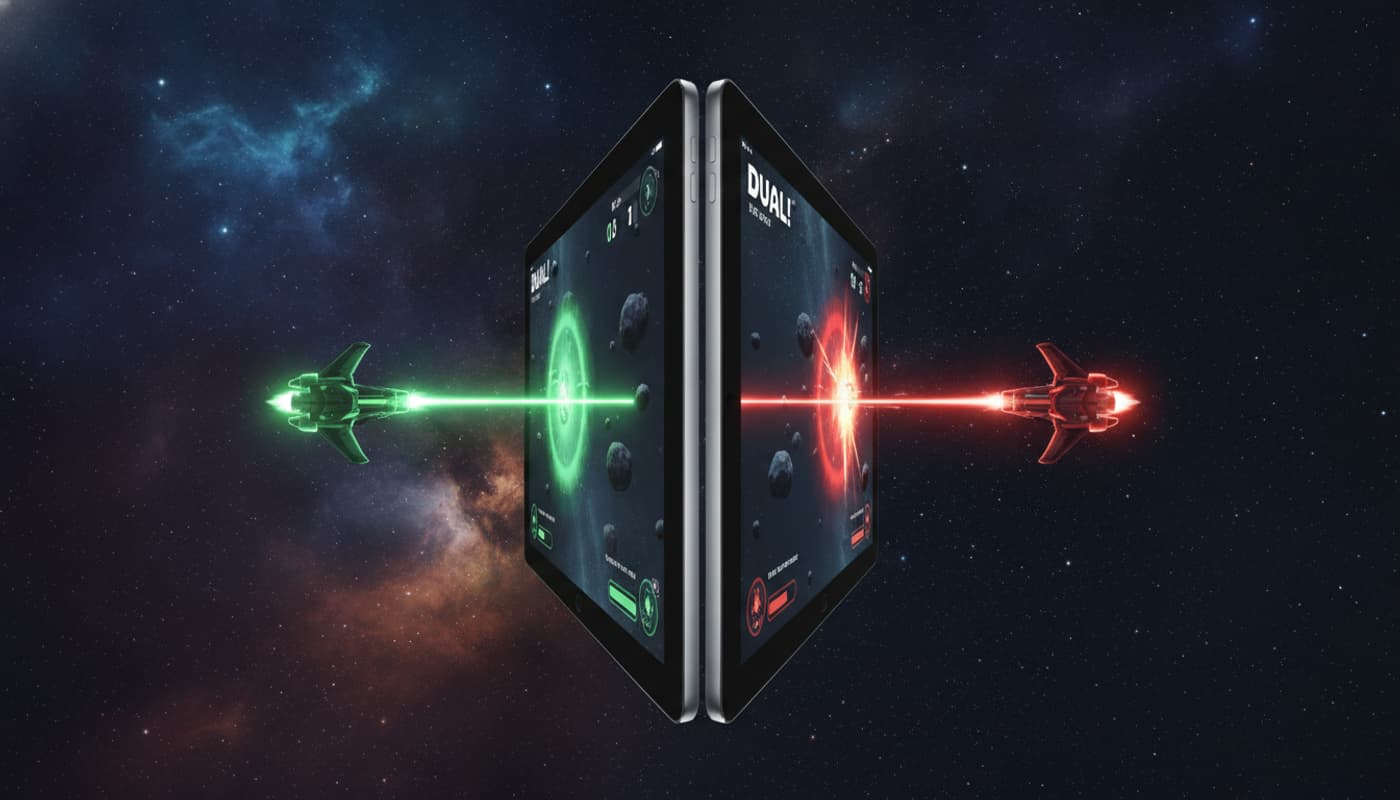 Deux iPad dos à dos affichent le jeu DUAL! avec un vaisseau vert sur l'écran de gauche et un rouge sur celui de droite, reliés par un rayon laser à travers un fond cosmique dynamique.