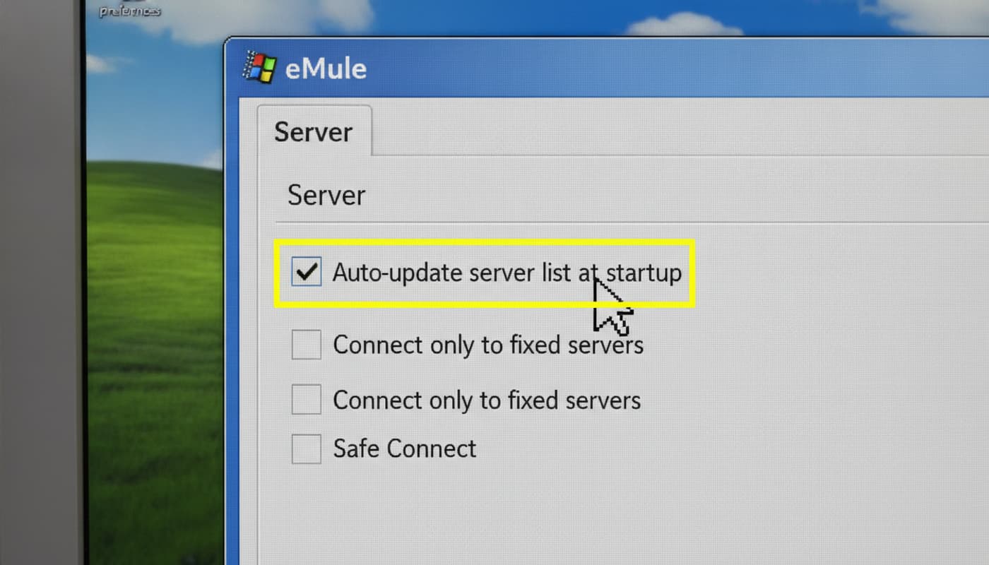 Capture partielle de la fenêtre des préférences d'eMule, onglet Serveur, avec la case 'Auto-update server list at startup' surlignée et le curseur de la souris cliquant dessus, léger reflet d'écran et fond d'écran flou en arrière-plan.
