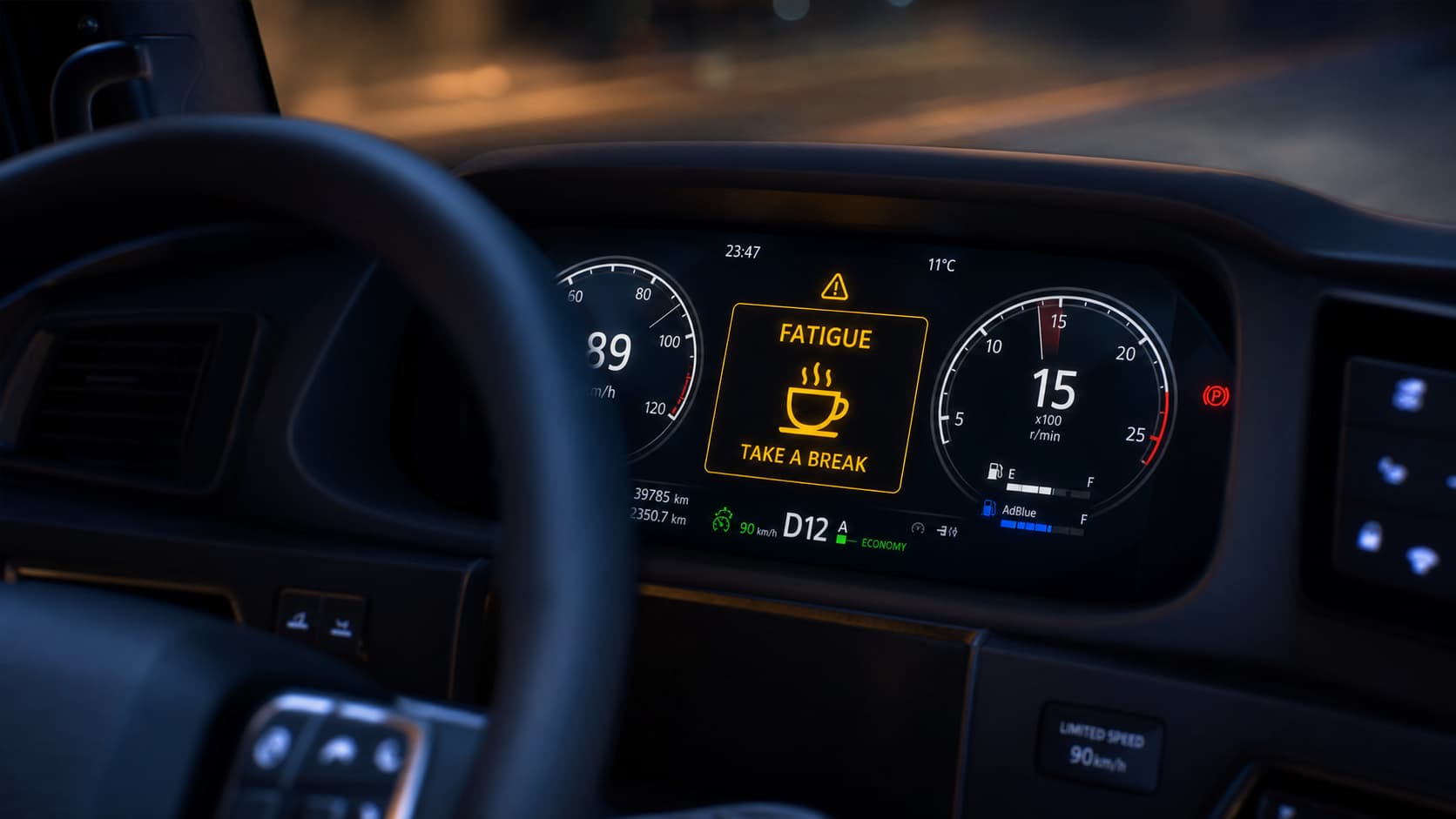 Tableau de bord de camion moderne de nuit avec compteur numérique lumineux, icône d