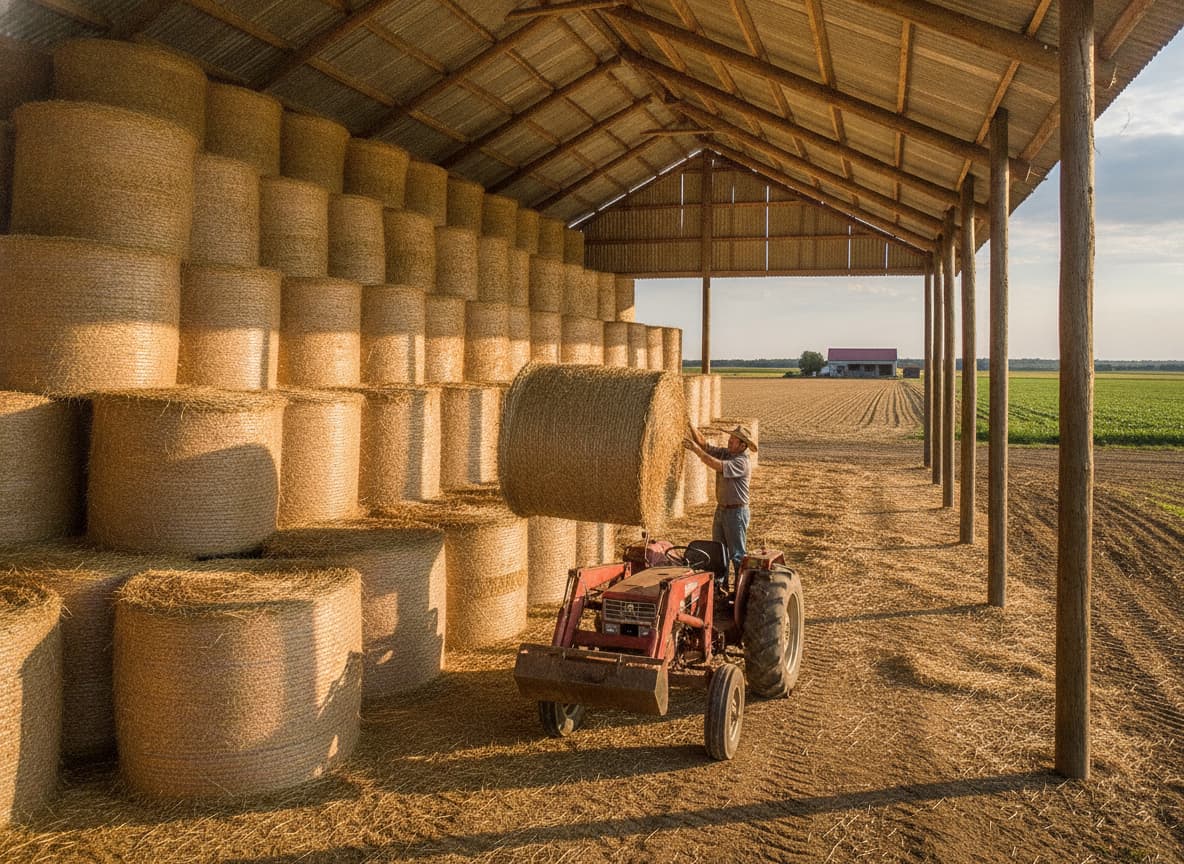 Vaste hangar ouvert rempli de ballots de foin empilés, un fermier sur un tracteur décharge une nouvelle balle sous le soleil d'après-midi projetant de longues ombres.