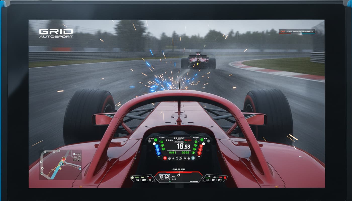 Une voiture de Formule rouge freine dans un virage serré sur un circuit mouillé, des étincelles jaillissent sous le châssis, vue cockpit avec tableau de bord détaillé, graphismes photoréalistes et flou de mouvement.