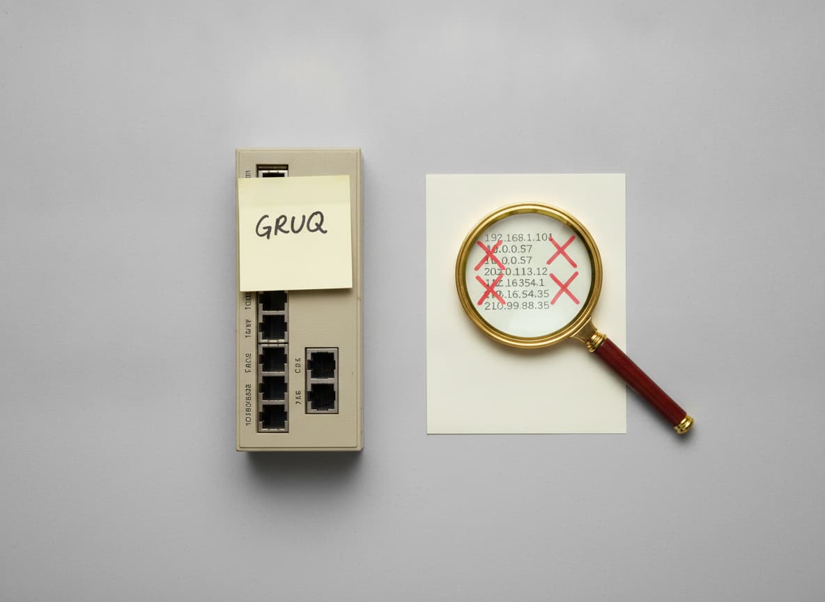 Un commutateur réseau vintage en vue plate, avec un post-it étiqueté 'Gruk' fixé dessus, une loupe posée à côté et une liste d'adresses IP dont certaines sont barrées de croix rouges.