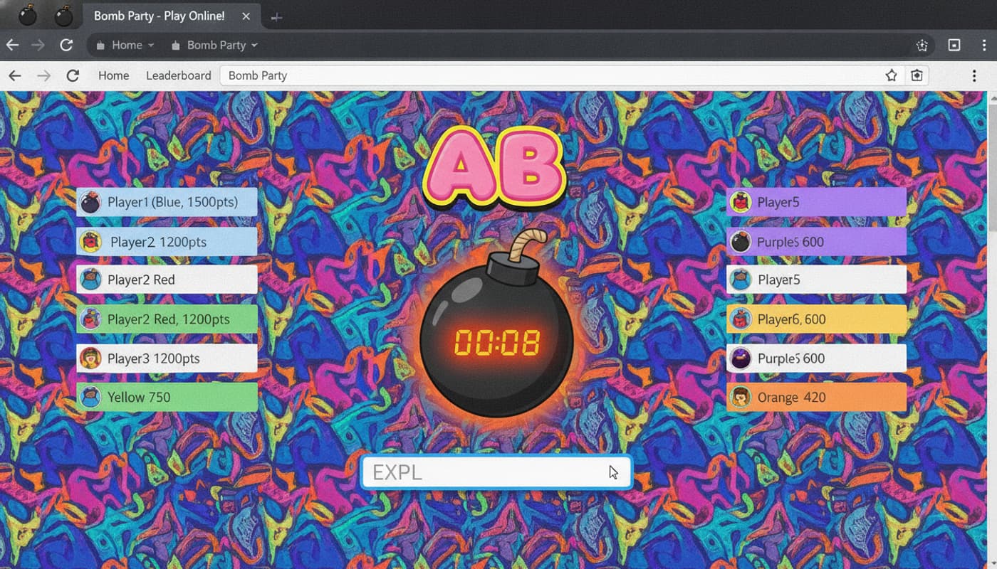 Capture d'écran du jeu Bomb Party avec une bombe chronométrée, un champ de saisie et la syllabe AB, couleurs vives et noms de joueurs.