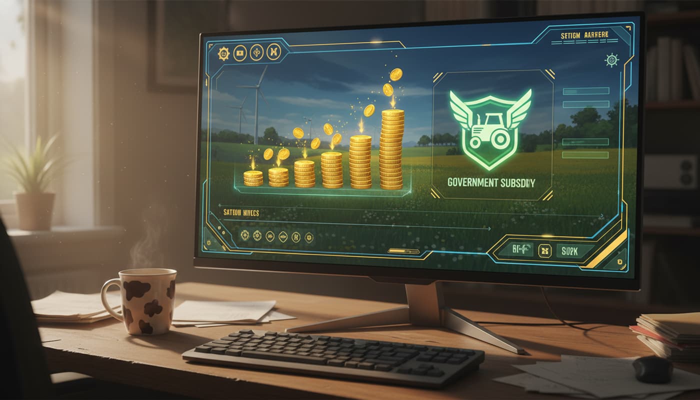 Écran d'ordinateur affichant une interface de jeu avec des piles de pièces et une icône de subvention, sur un bureau avec une tasse de café et des papiers.