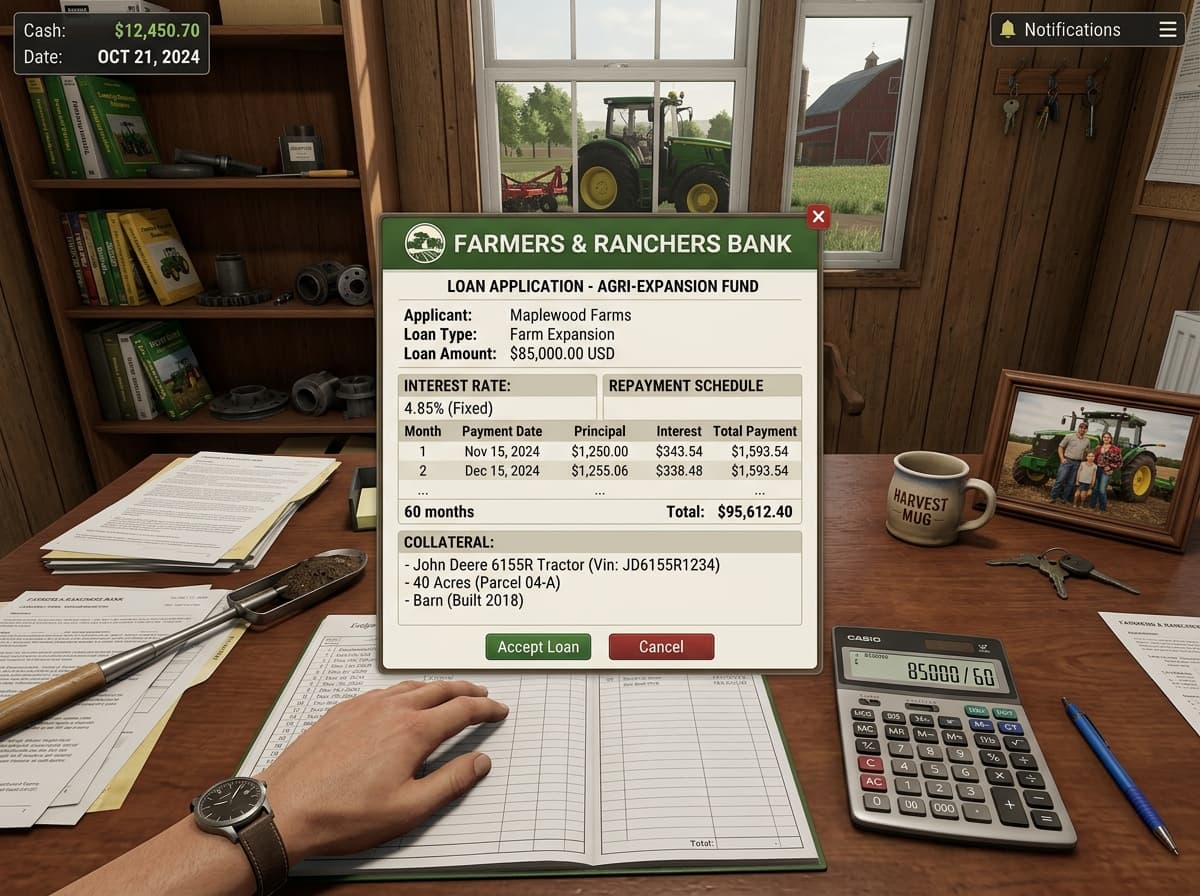 Une interface de jeu vidéo détaillant un prêt financier avec taux d'intérêt et plan de remboursement, superposée sur un arrière-plan de bureau de ferme avec une calculatrice et un stylo.