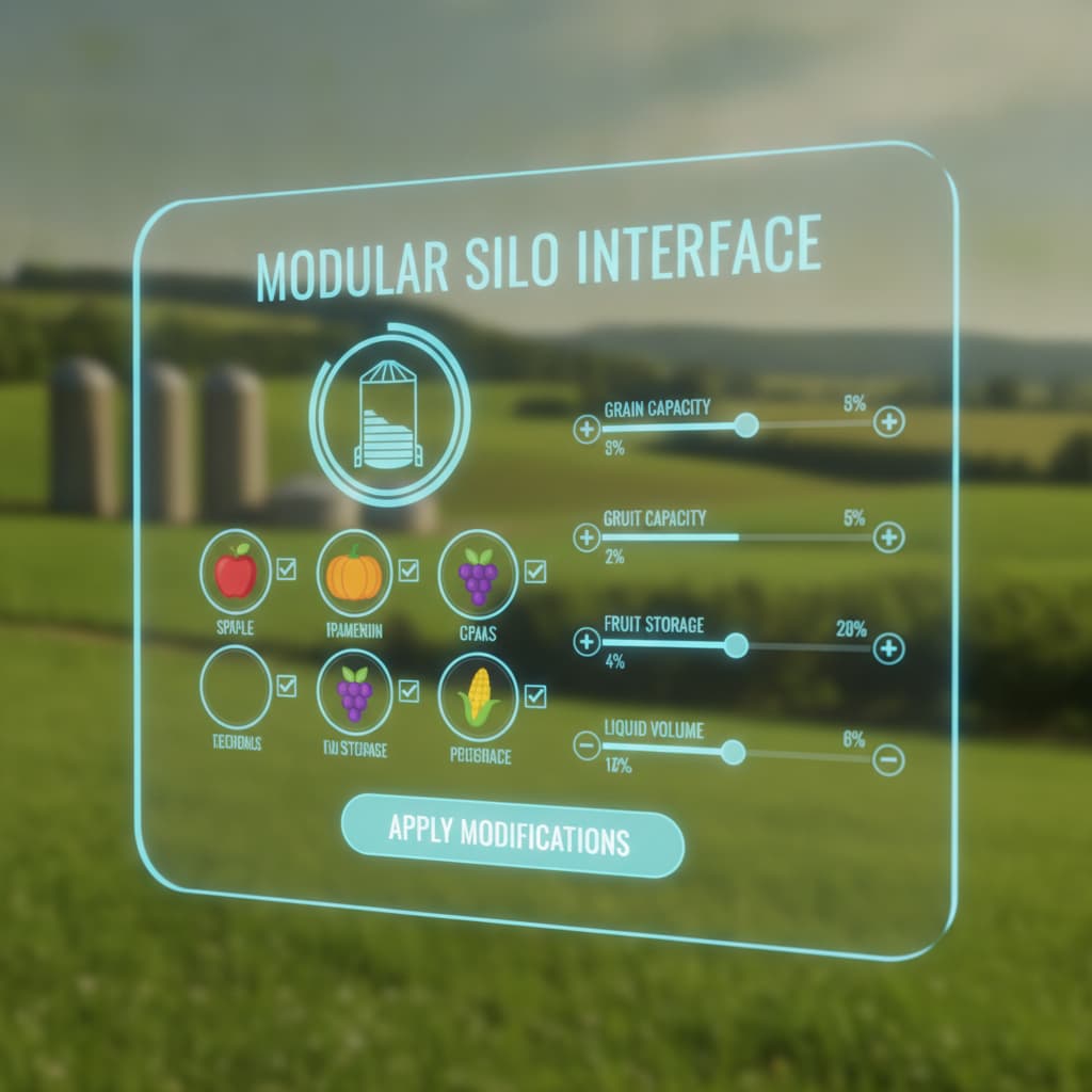 Écran d'interface de silo avec icônes de fruits et curseurs de capacité, flottant au-dessus d'un paysage agricole, accents bleus néon.