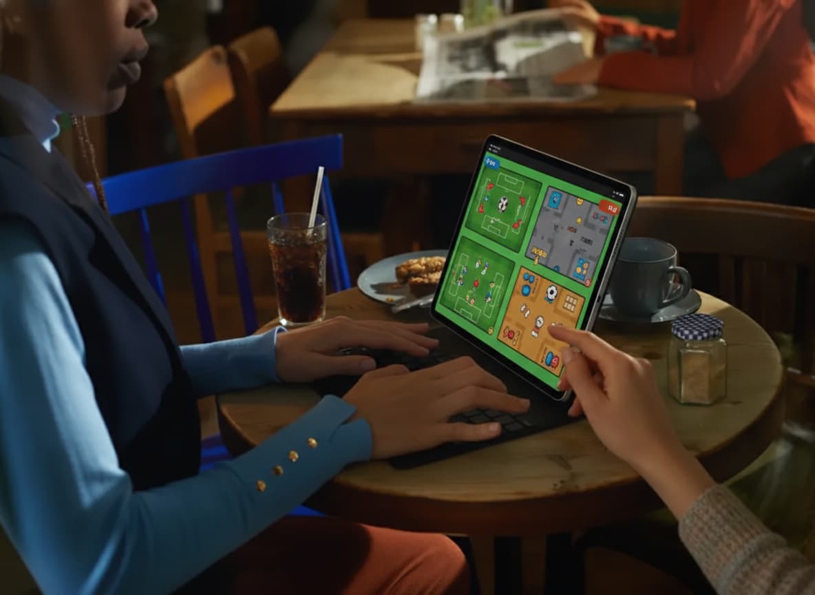 Un iPad posé sur une table basse affiche un écran partagé de mini-jeux colorés alors que deux mains interagissent avec la tablette entourée de snacks et de boissons.