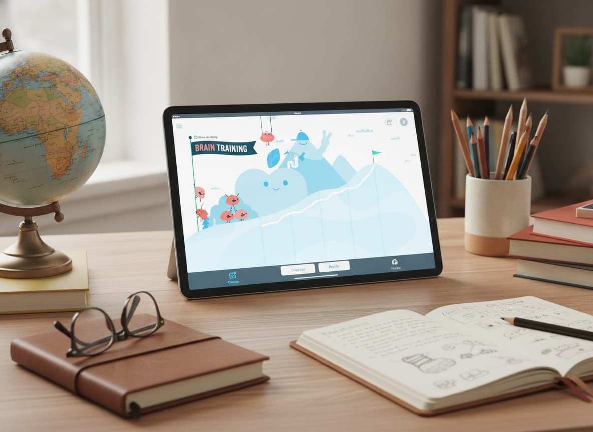 Un iPad posé sur une table en bois affichant l'application Khan Academy avec un personnage de cerveau souriant, entouré de fournitures scolaires.