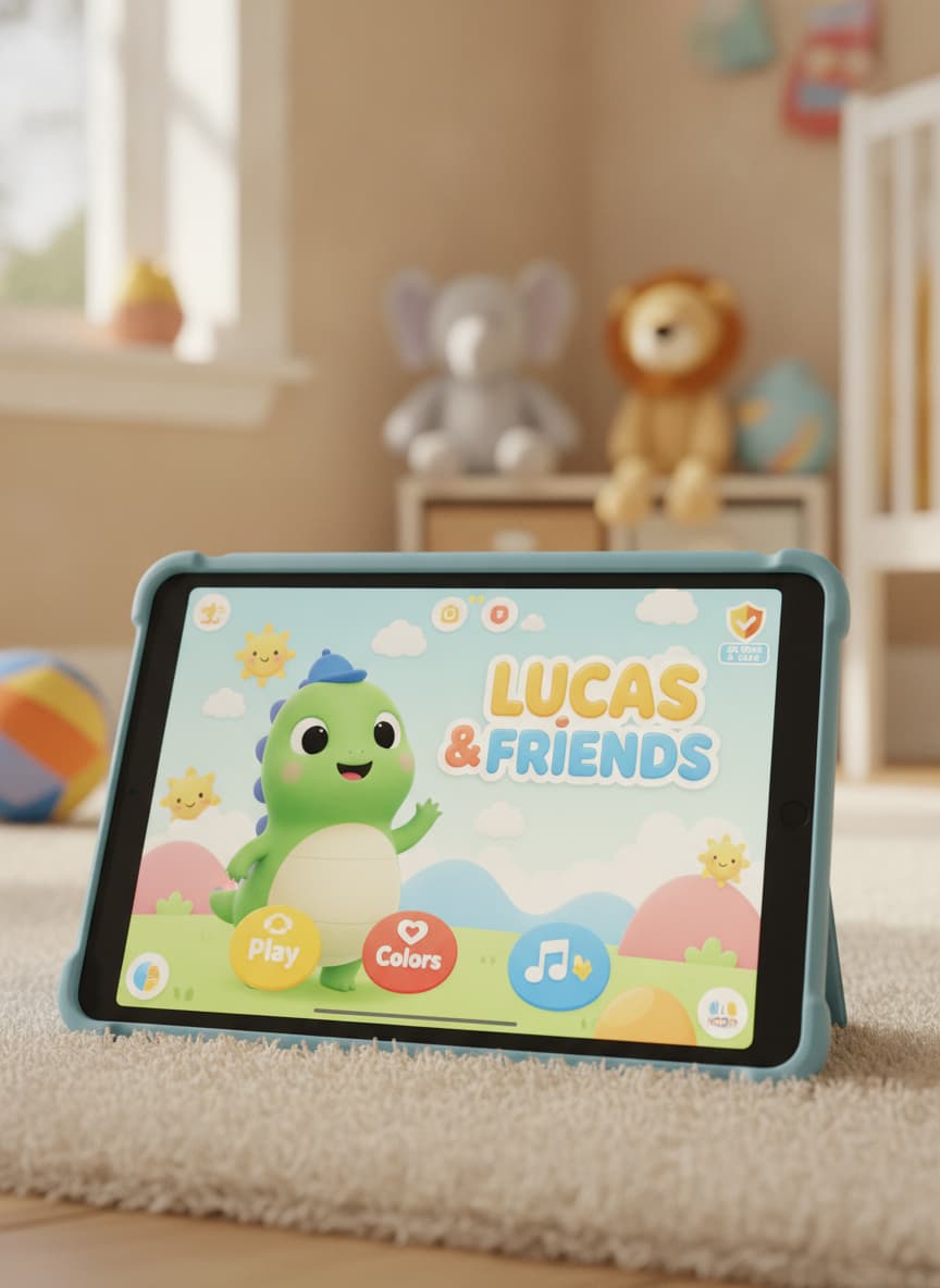 iPad affichant le jeu Lucas & Friends avec un dinosaure mignon et une interface colorée, posé dans une chambre d’enfant lumineuse avec des peluches.