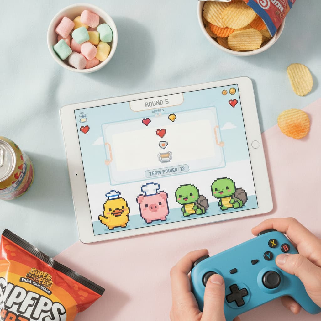 Vue de dessus en flat lay d'un iPad affichant le jeu Super Auto Pets avec une équipe d'animaux en pixel art colorés, dont un canard, un cochon et une tortue, sur fond pastel, entouré de snacks évoquant une session de jeu décontractée.