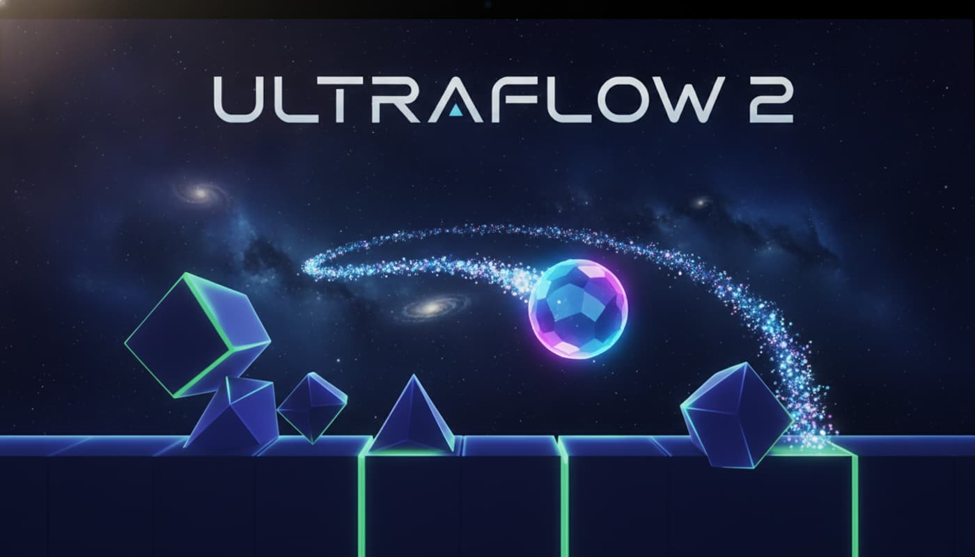 Gros plan sur un iPad affichant le jeu ULTRAFLOW 2 avec des formes géométriques abstraites, un orbe lumineux laissant une traînée de particules, et un fond d'espace profond.