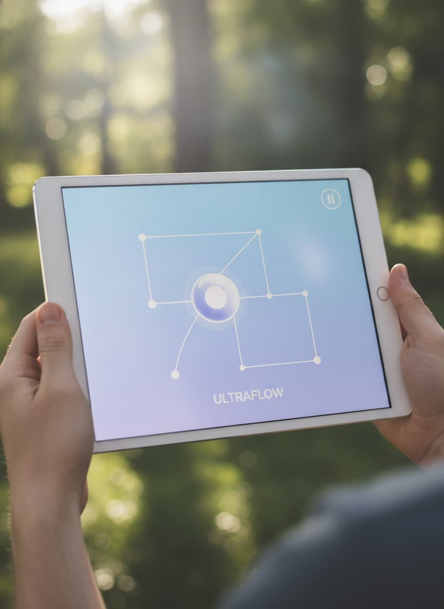Un iPad affichant le jeu ULTRAFLOW avec un cercle blanc sur un fond dégradé, tenu par des mains détendues devant un arrière-plan naturel flou.