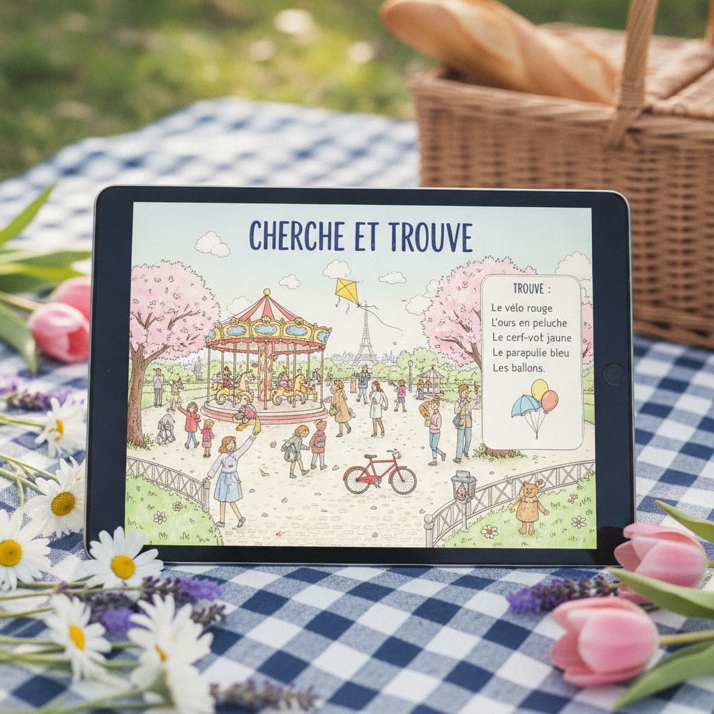 Un iPad sur une couverture de pique-nique affichant un jeu de cherche-et-trouve représentant un parc avec des objets cachés, entouré de fleurs printanières.