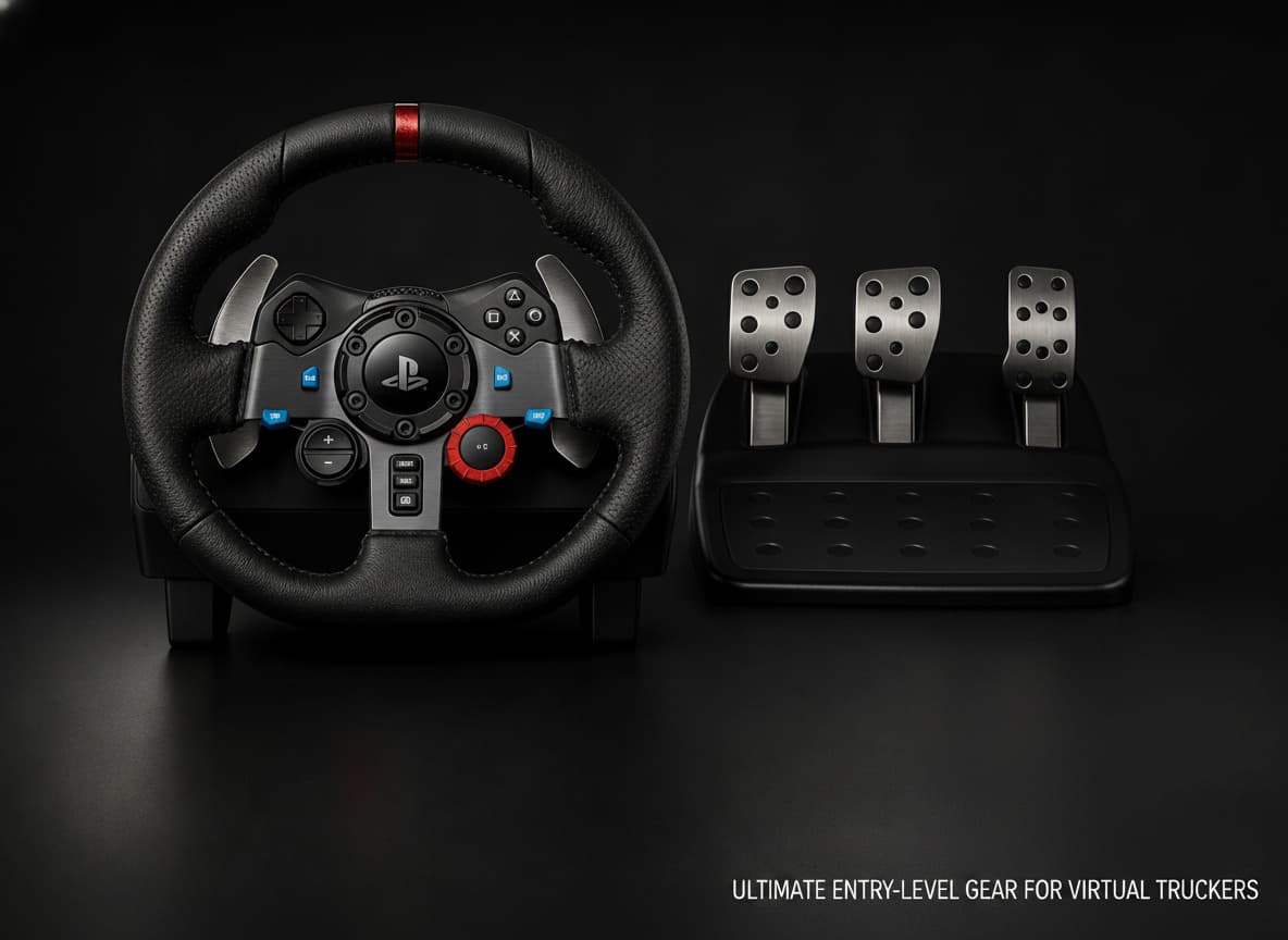 Volant de course Logitech G29 avec jante en cuir cousu main, palettes en acier inoxydable et pédalier métallique réglable, sur fond sombre sous un éclairage dramatique.