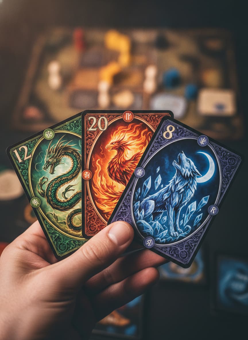 Une main de joueur exhibe trois cartes à jouer uniques aux illustrations détaillées et aux chiffres gras, sur fond flou d'un plateau de jeu avec des pions en bois, sous un éclairage latéral dramatique.
