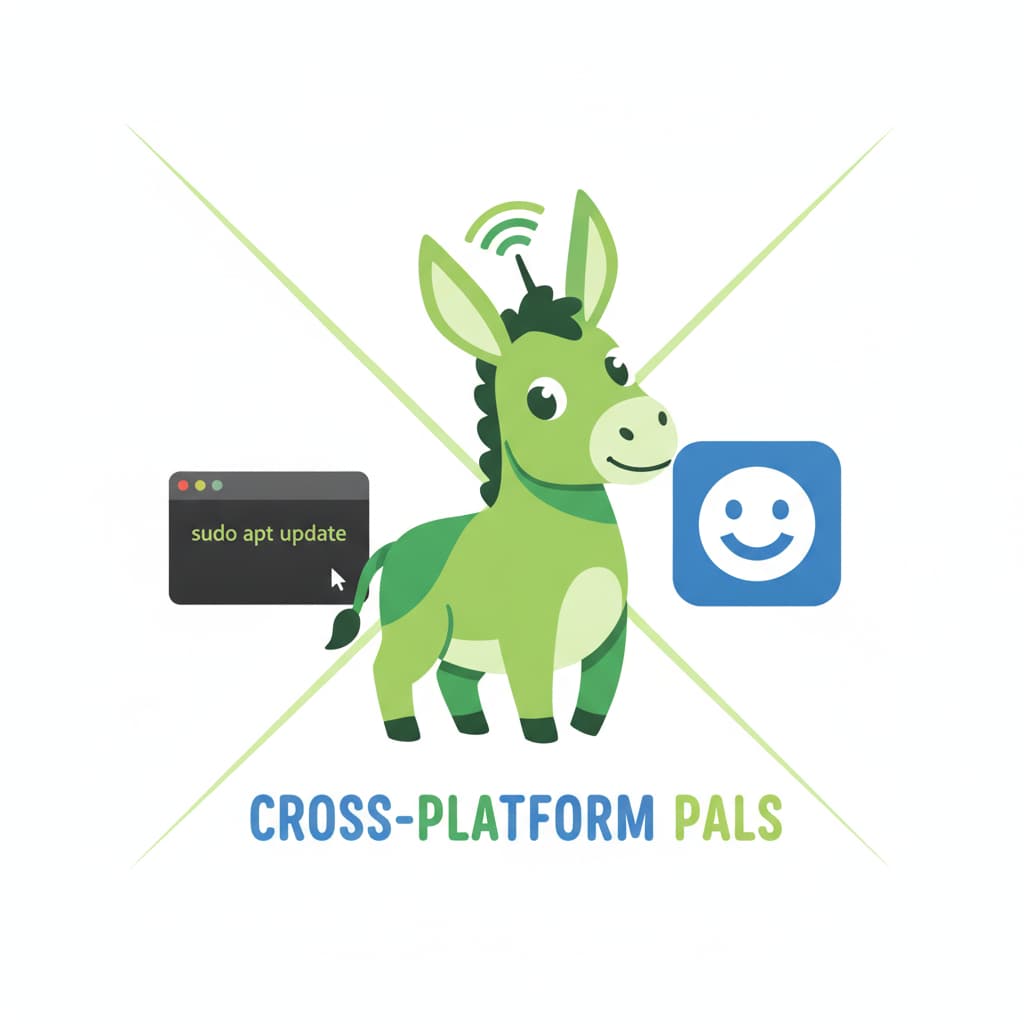 Un mascotte âne vert debout au centre, fond partagé verticalement : à gauche une icône de terminal Linux, à droite une icône de Finder macOS, illustration flat design.
