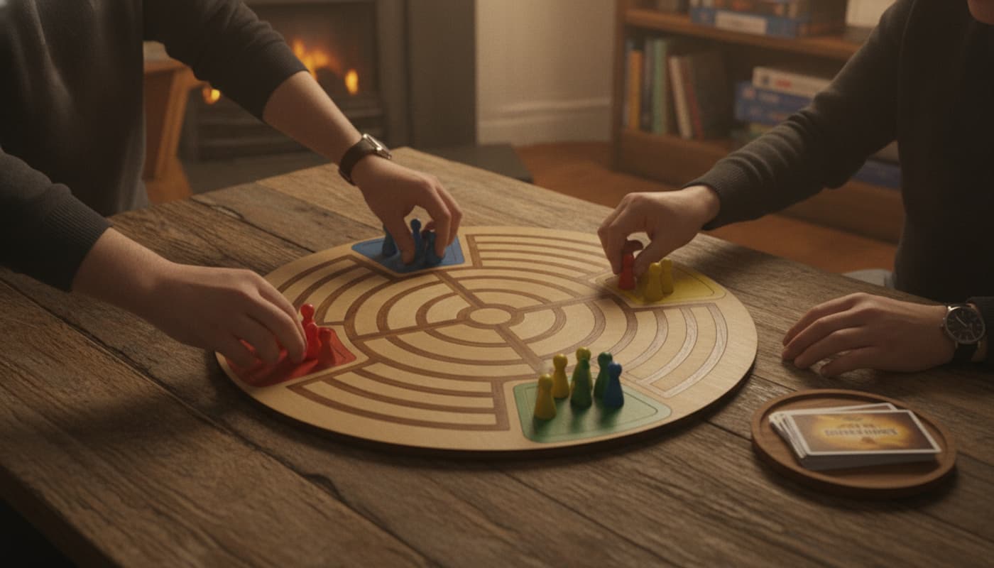 Des mains disposent des pions en bois colorés sur un plateau de jeu en forme de croix circulaire posé sur une table en bois rustique à côté d'un paquet de cartes.