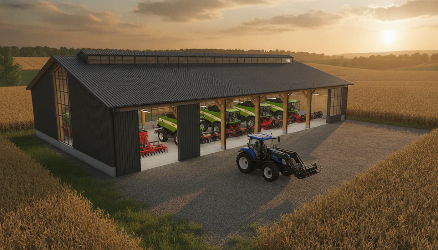 Un immense hangar agricole moderne aux portes ouvertes révélant des rangées de machines à l'intérieur, avec un tracteur garé devant, un vaste paysage de ferme baigné par la lumière dorée du coucher de soleil.