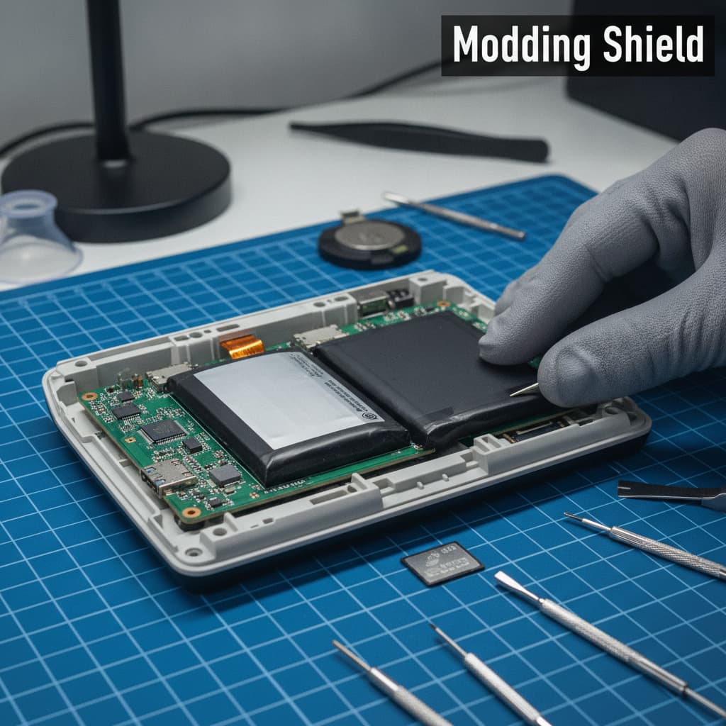 Main d'un technicien installant une nouvelle batterie dans une Nvidia Shield Portable démontée sur un tapis antistatique avec des outils et une carte microSD, texte superposé 'Modding Shield'.