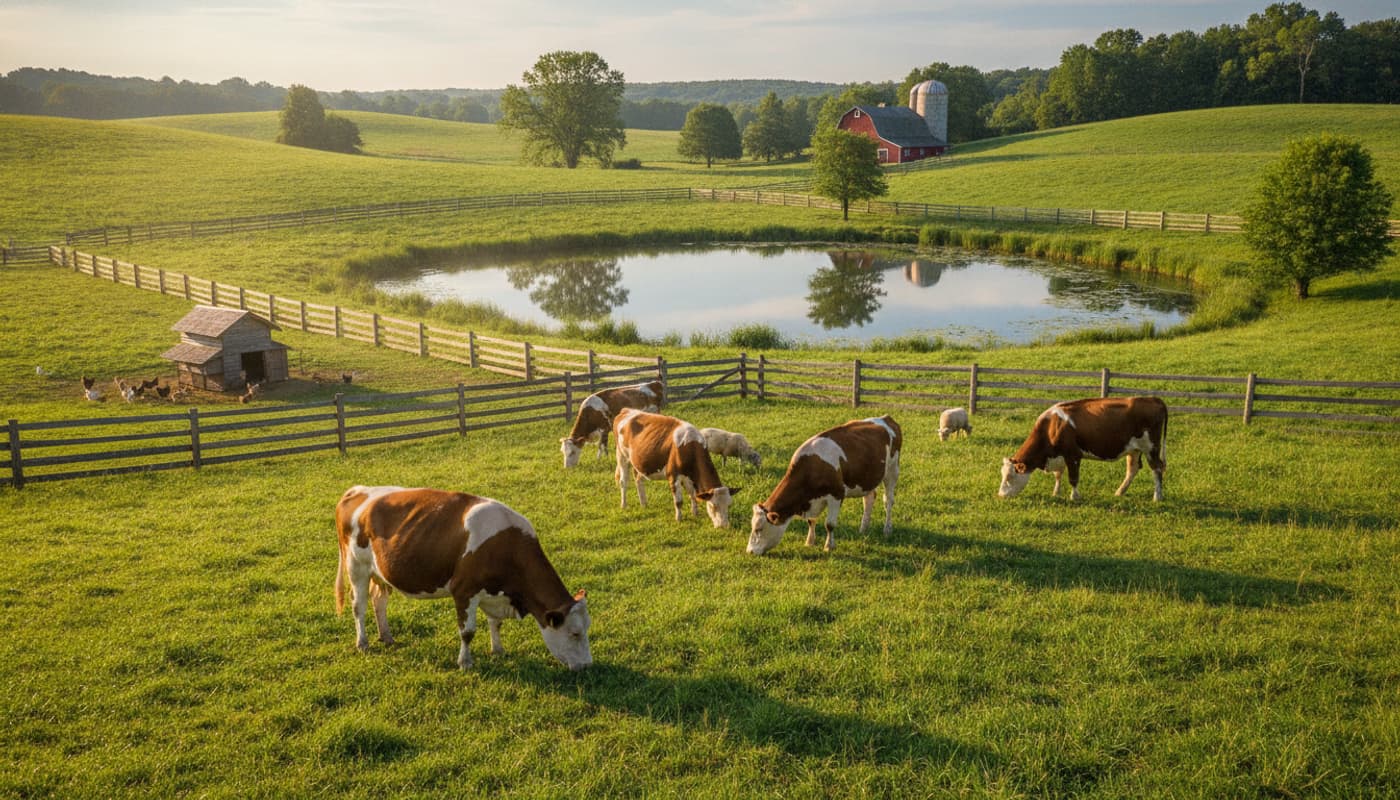 Vaches broutant dans un grand pâturage verdoyant délimité par des clôtures en bois, avec un petit étang en arrière-plan sous une lumière naturelle.