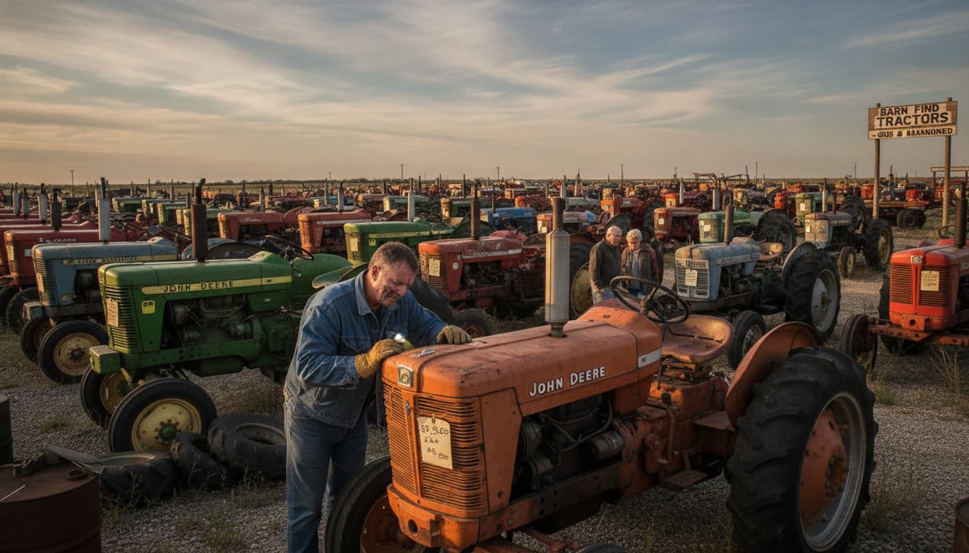 Un lot de tracteurs d'occasion avec plusieurs véhicules agricoles usagés montrant des signes d'usure, des étiquettes de prix suspendues, et un agriculteur inspectant le moteur d'un tracteur.