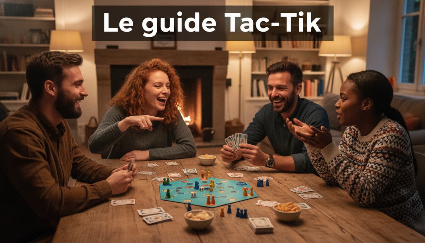 Un groupe d'amis variés rit et joue à un jeu de société tactique avec plateau coloré, pions en bois et cartes, dans un salon chaleureusement éclairé, et un texte 'Le guide Tac-Tik' avec ombre portée sur fond semi-transparent est superposé à la scène.