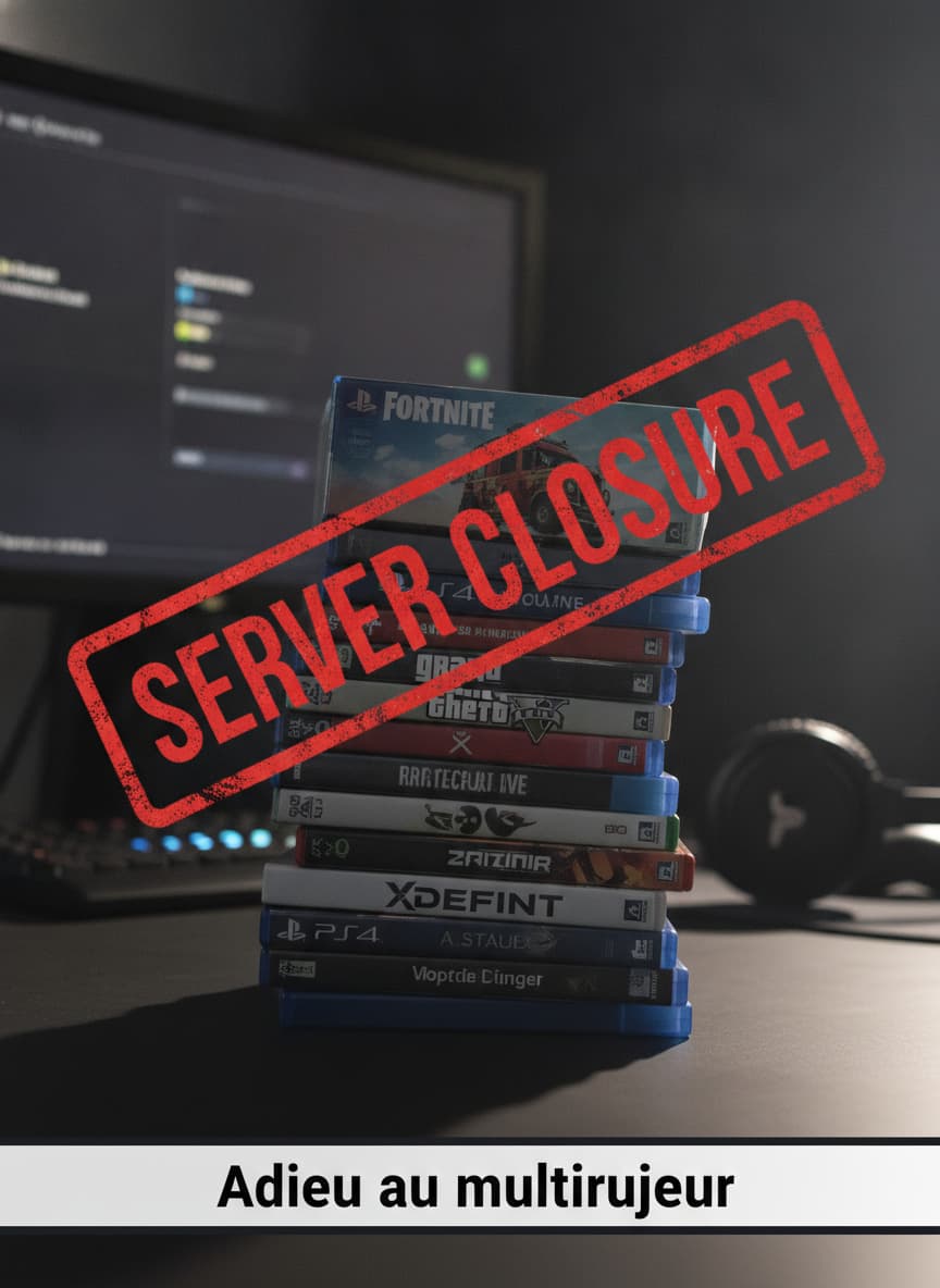 Pile de boîtiers de jeux PlayStation 4 incluant Fortnite, Grand Theft Auto V et XDefiant avec un tampon rouge 'SERVER CLOSURE' et un texte blanc 'Adieu au multijoueur' en superposition, éclairage dramatique avec ombres portées.