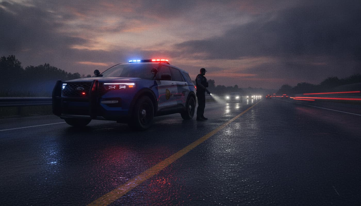 Véhicule de police intercepteur garé sur le bas-côté d'une autoroute au crépuscule, avec gyrophares bleus et rouges allumés se reflétant sur la chaussée humide, dans une ambiance cinématographique aux éclairages dramatiques.