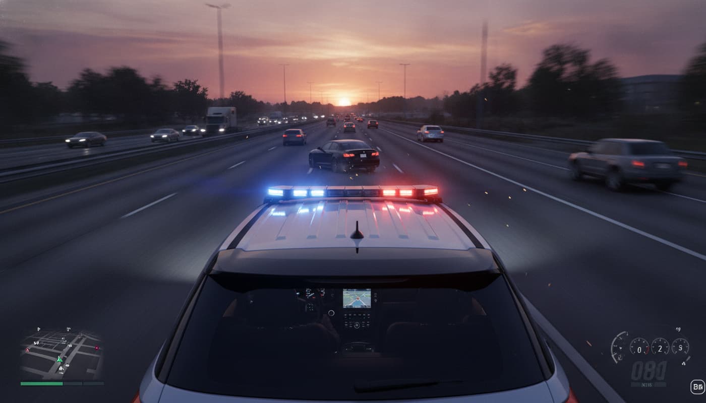 Vue intérieure depuis l'arrière d'une voiture de police en pleine poursuite à grande vitesse sur une autoroute, avec le tableau de bord visible au premier plan et un véhicule suspect slalomant dans la circulation.