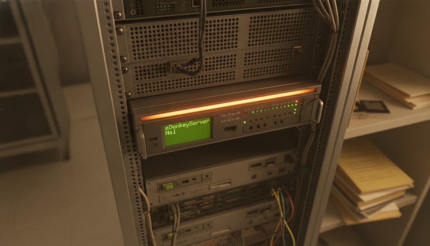 Vue en plongée d'un rack serveur vintage avec une unité mise en valeur par une LED ambre et un écran affichant 'eDonkeyServer No1', des lumières clignotantes indiquant une activité réseau.