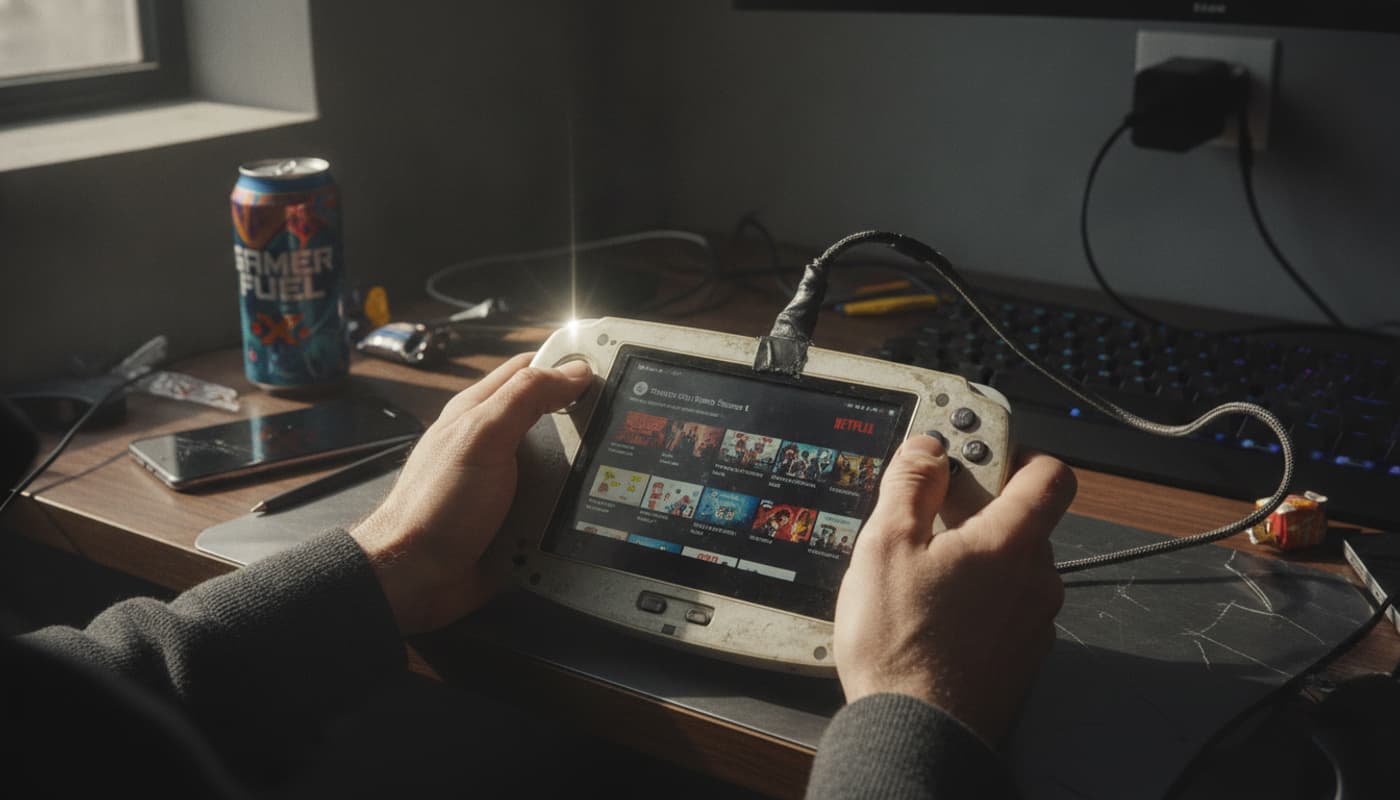 Mains d'un joueur tenant une console Nvidia Shield Portable vieillie affichant l'interface Netflix, branchée avec un câble réparé, sur un bureau en désordre avec un smartphone et une boisson énergisante, lumière naturelle.