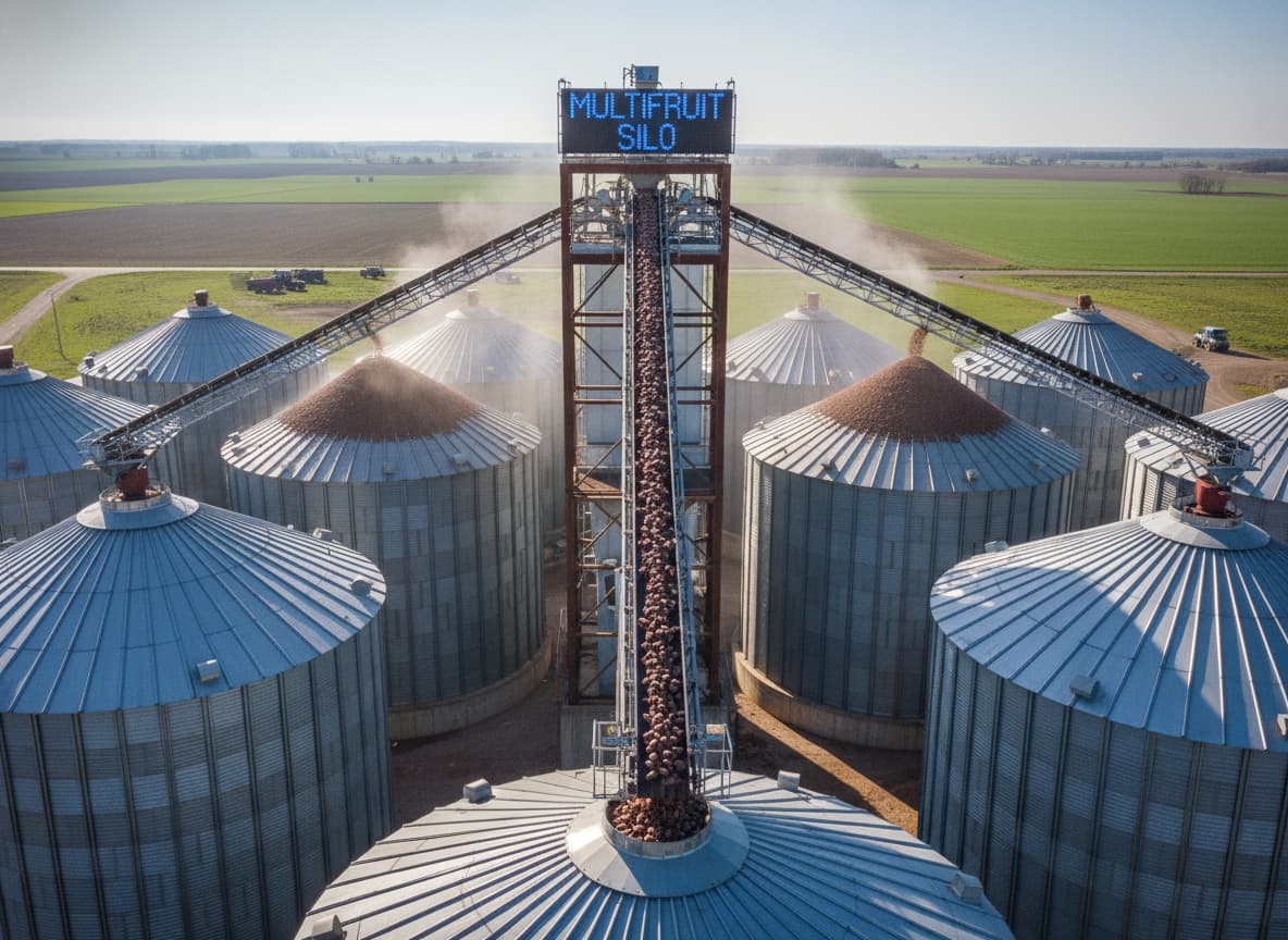 Un complexe de silos industriels avec des convoyeurs déversant des betteraves sucrières, surmonté d'un écran numérique affichant 'Multifruit Silo' sous un soleil éclatant.