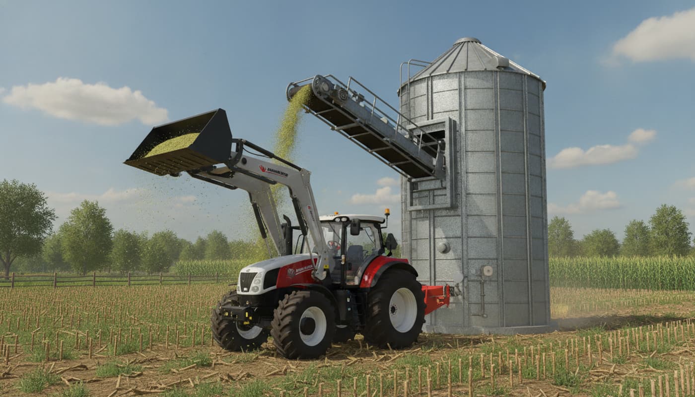 Render réaliste d'un grand silo cylindrique de fermentation à côté d'un tracteur dans un champ, avec le mécanisme de chargement traitant de l'ensilage de maïs en plein jour.