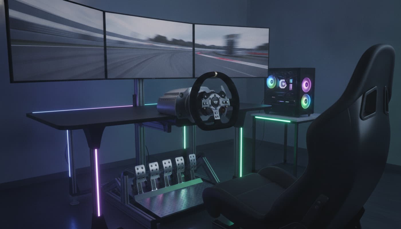 Un cockpit de simulation de course haut de gamme avec une base de volant à entraînement direct, un pédalier professionnel et un support triple écran dans une pièce de jeu moderne et tamisée, éclairée par des LED RGB et avec des écrans affichant un environnement de course flou.