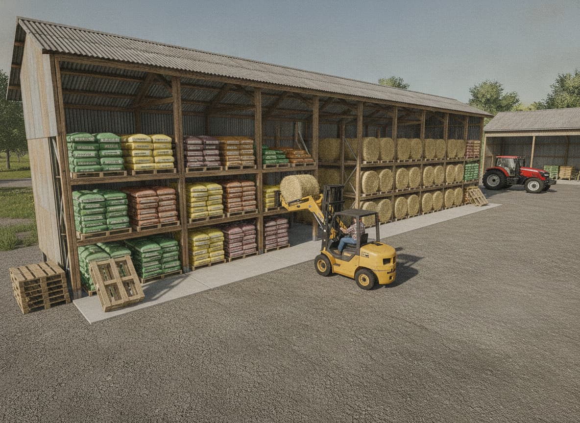 Un système modulaire de stockage contient des palettes d'aliments pour animaux et des balles de foin, un agriculteur en combinaison les manipule avec un chariot élévateur dans une cour de ferme ensoleillée.