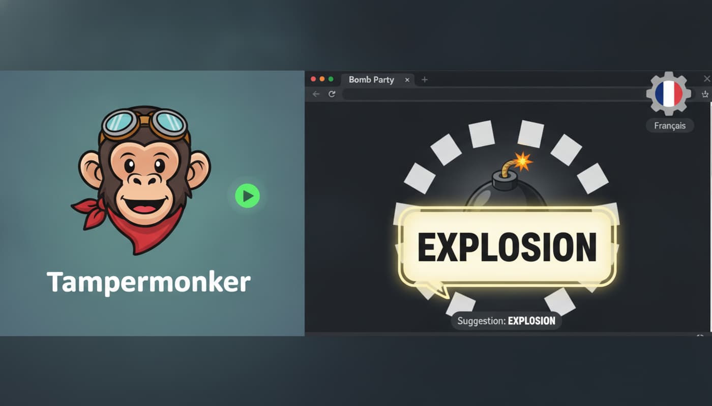 Split composition featuring a Tampermonkey script icon, a web browser displaying Bomb Party with a word suggestion popup, and a settings gear adorned with a French flag.