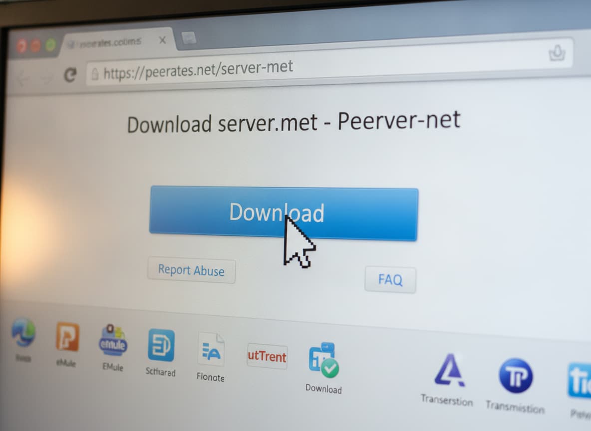 Fermeture d'un navigateur web affichant la page de téléchargement de Peerates.net pour un fichier server.met, avec le curseur sur le bouton Télécharger et des icônes d'applications de partage floues en arrière-plan.