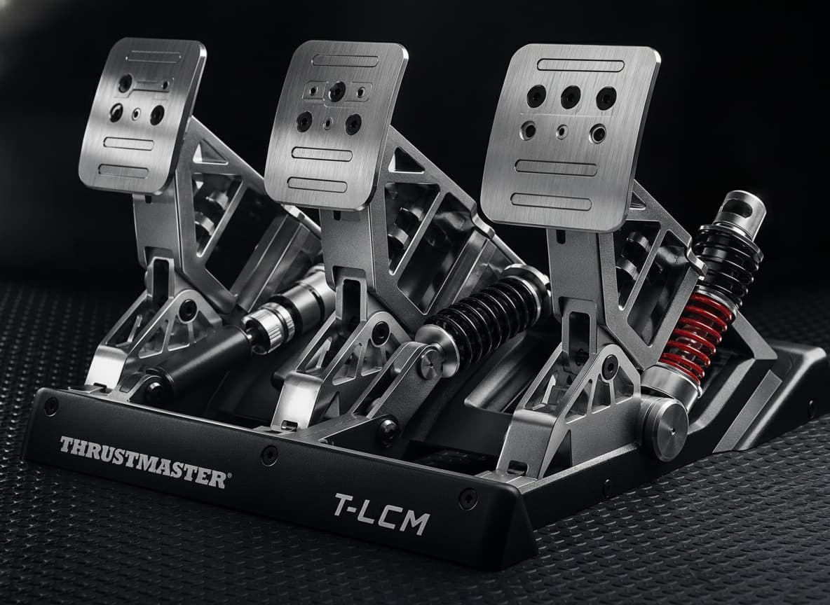 Gros plan du pédalier métallique Thrustmaster T-LCM à trois pédales, montrant les capteurs magnétiques et les ressorts réglables, posé sur un tapis texturé sous un éclairage directionnel soulignant sa conception robuste.