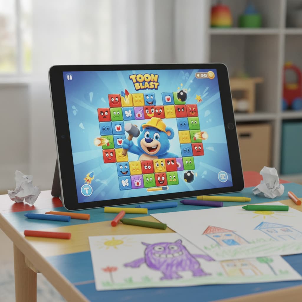 Un iPad posé sur un bureau d'enfant affiche le jeu Toon Blast avec des blocs colorés et un personnage animal portant un casque de chantier, entouré de crayons et de papier.