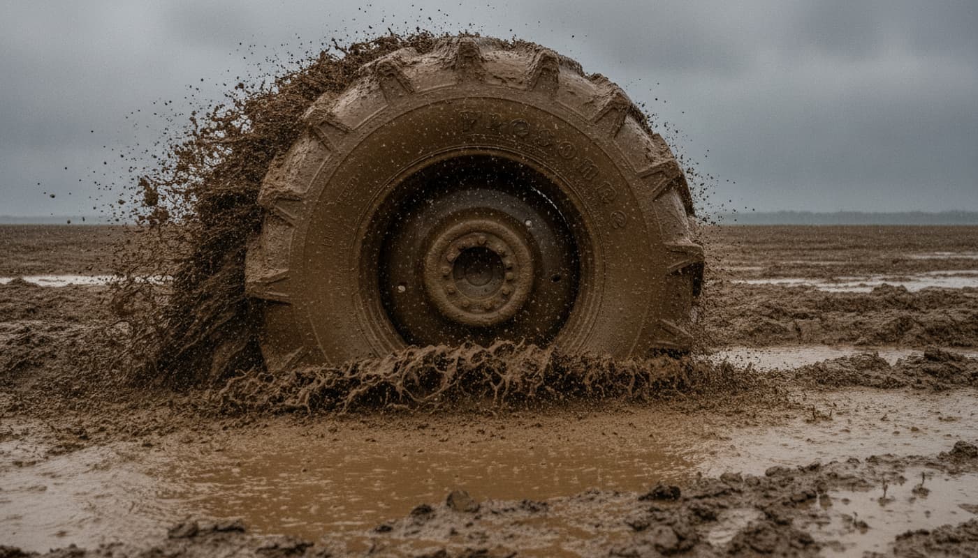 Un pneu de tracteur profondément enfoncé dans la boue brune, projetant des gouttes épaisses sous un ciel couvert, gros plan cinématographique.