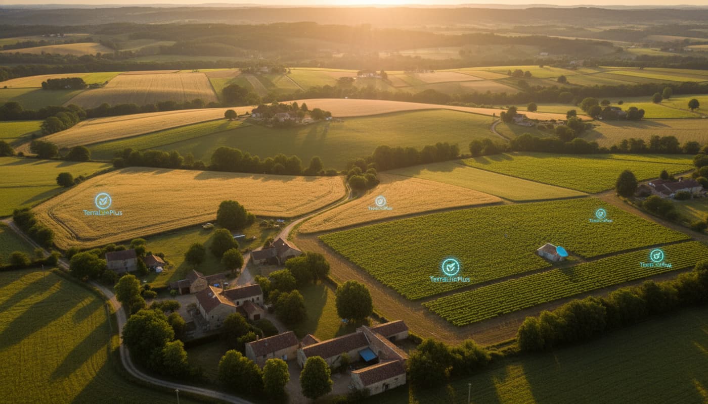 Vue aérienne de la ferme de Pallegney avec collines vallonnées, vignobles et fermes traditionnelles sous un soleil doré, avec marqueurs d'intégration TerraLifePlus subtils.