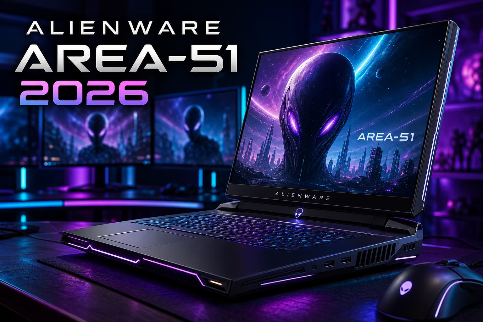 Ordinateur portable gaming Alienware Area-51 2026 ouvert sur un bureau éclairé au néon, clavier RGB allumé, écran lumineux, arrière-plan flou avec deux moniteurs et bandes LED, texte superposé