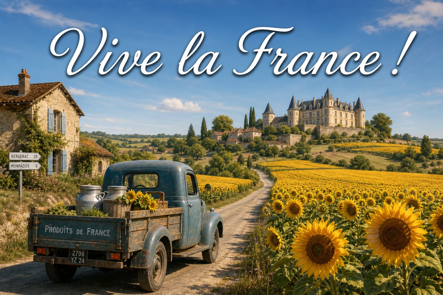 Un camion traverse un champ de tournesols, avec un château à l’horizon et le texte