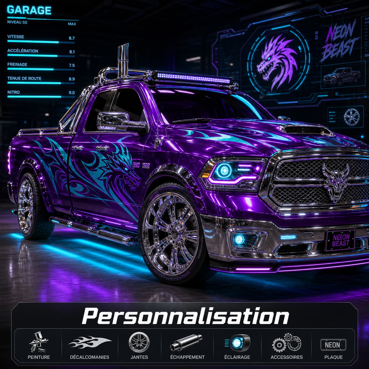 Un camion customisé aux couleurs néon violet et cyan avec lumières sous caisse, décalques uniques et jantes chromées dans un garage virtuel, et le texte