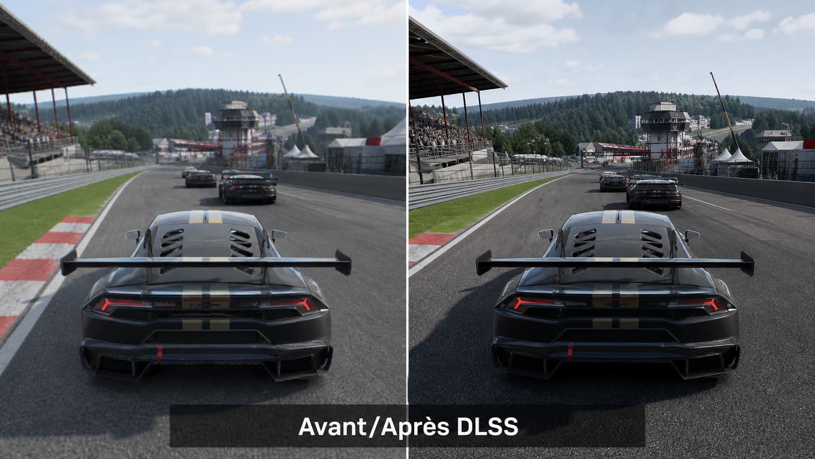 Une scène de course en écran partagé montre à gauche des textures plus douces et des bords légèrement irréguliers sans DLSS, tandis qu