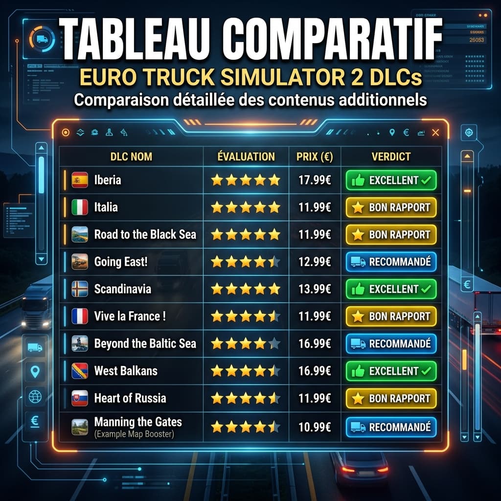 Un tableau comparatif infographique sur fond sombre de jeu, montrant les noms des DLC d’ETS2, notes, prix et verdicts de couleur, avec lignes lumineuses et texte