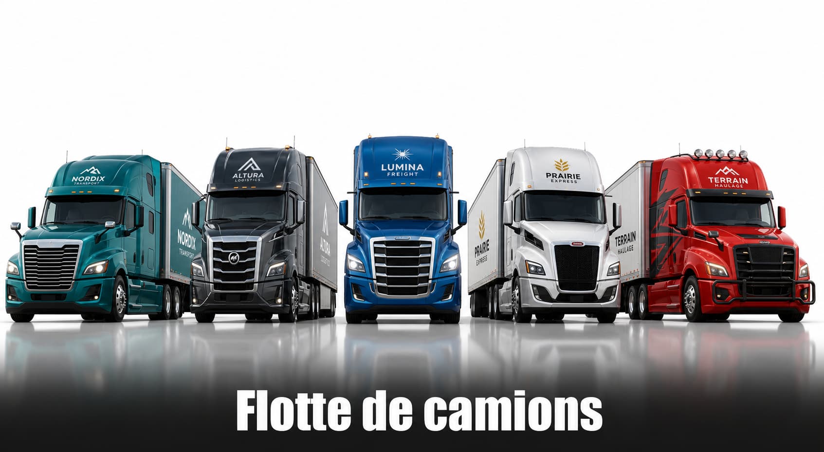Plusieurs modèles de camions semi-remorques alignés côte à côte sur fond blanc, présentant chacun un design et des marquages différents, photographiés en contre-plongée, avec le texte