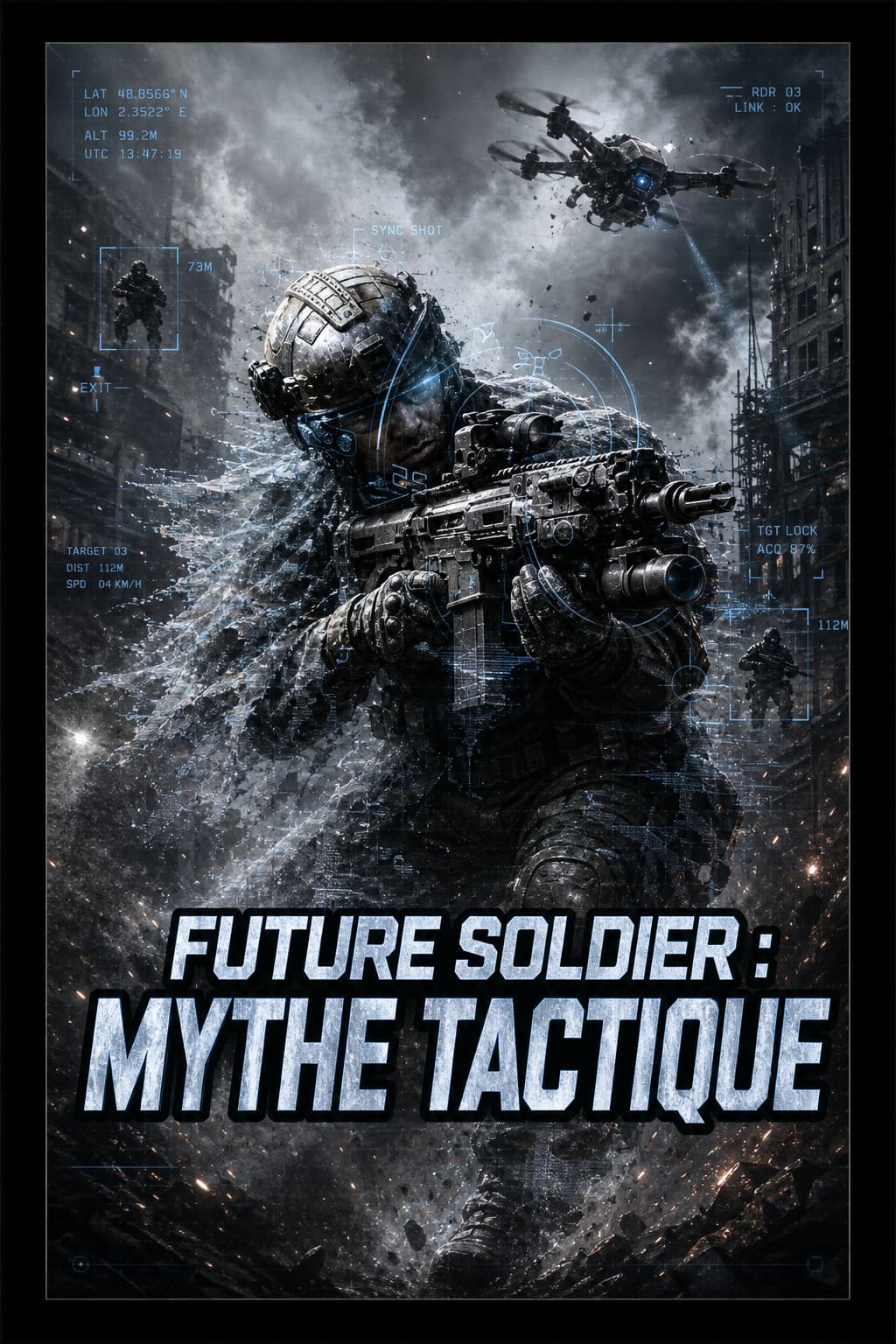 Soldat futuriste partiellement visible avec camouflage optique, tenant une arme high-tech, un drone en vol et un réticule de tir synchronisé, dans un environnement urbain sombre, surmonté du texte 